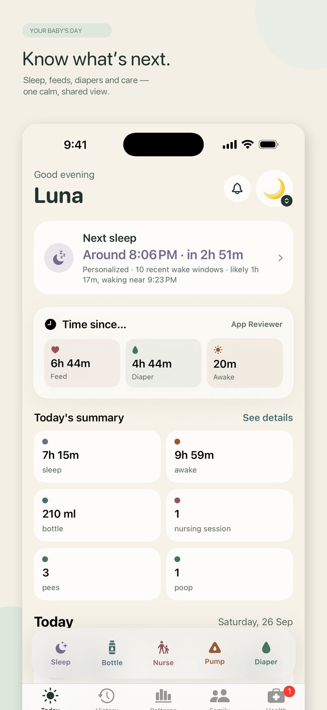 Nurture Today screen showing sleep guidance, time since last feed and diaper, and the shared daily summary