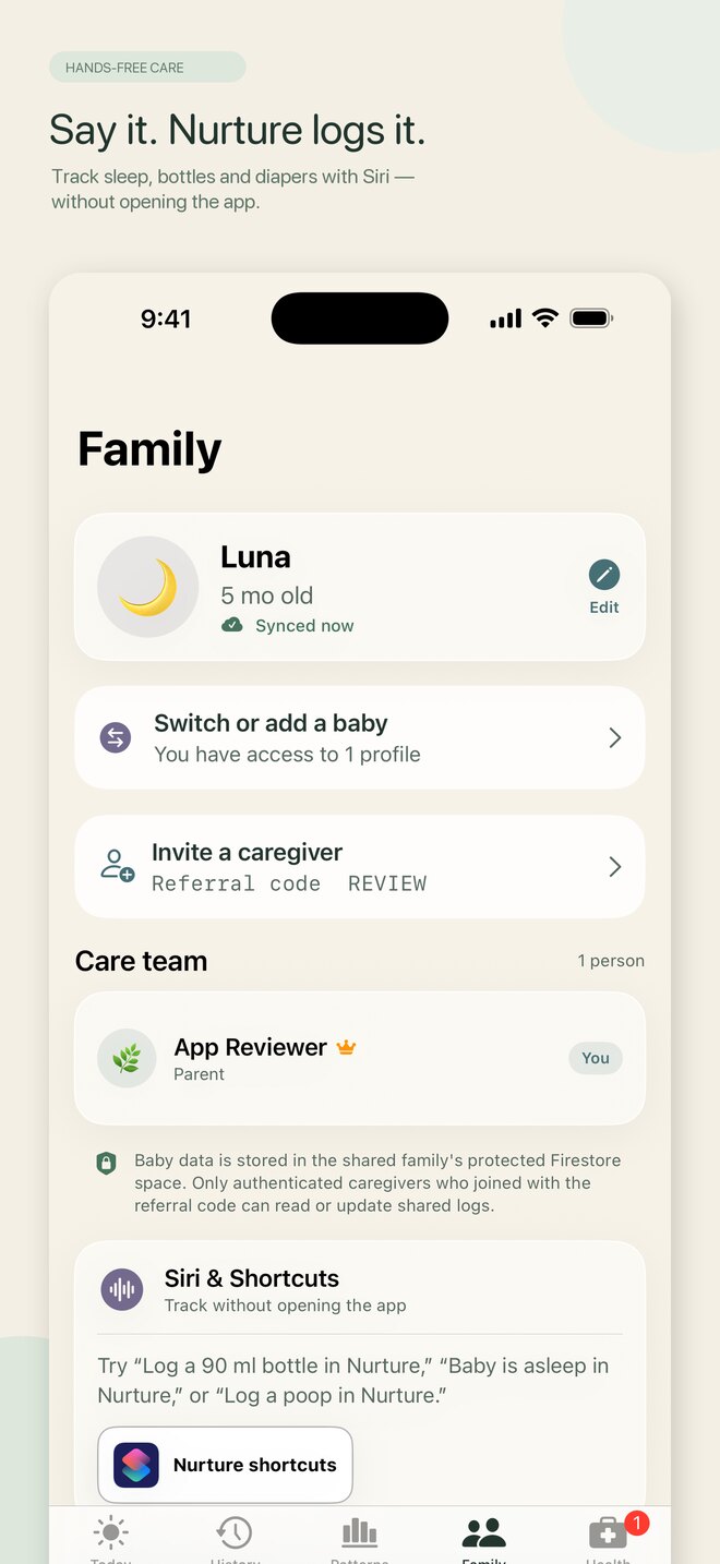 Nurture Siri and Shortcuts screen with supported voice command examples