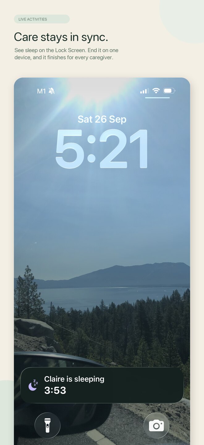 Nurture sleep Live Activity visible on an iPhone Lock Screen