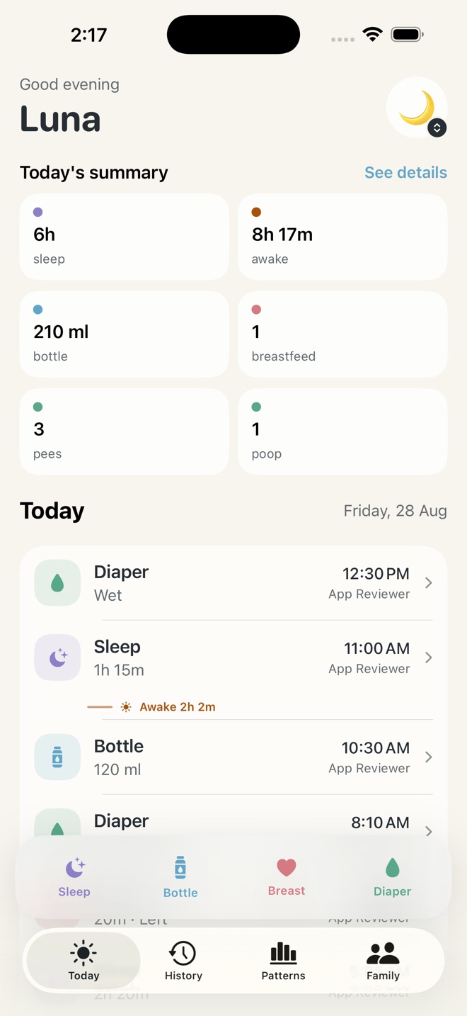Nurture Today screen showing a baby's daily totals and shared activity timeline