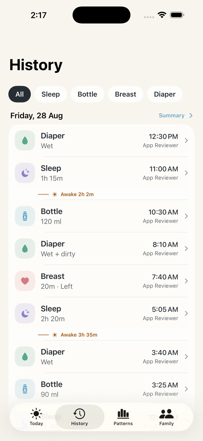 Nurture History screen with filters and a chronological baby-care timeline