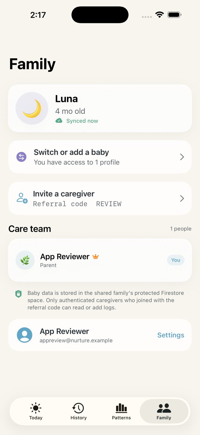 Nurture Family screen showing caregiver invitations and synchronization status