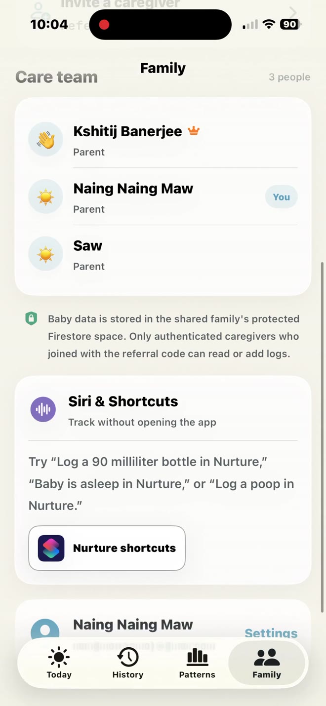 Nurture Family screen showing the Siri and Shortcuts card with hands-free logging examples